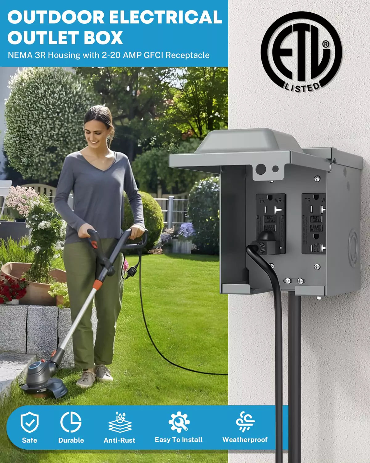 Outdoor electrical outlet box, NEMA 3R housing with 2-20 amp GFCI receptacle