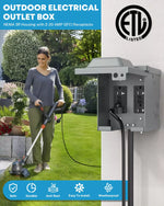 Outdoor electrical outlet box, NEMA 3R housing with 2-20 amp GFCI receptacle