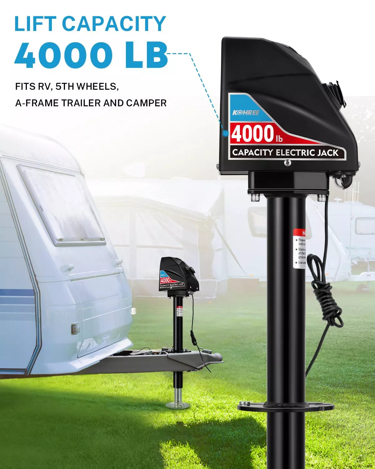 4000 lb capacity electric jack for RV, 5th wheels, A-frame trailer, and camper with a blurred background of an RV.