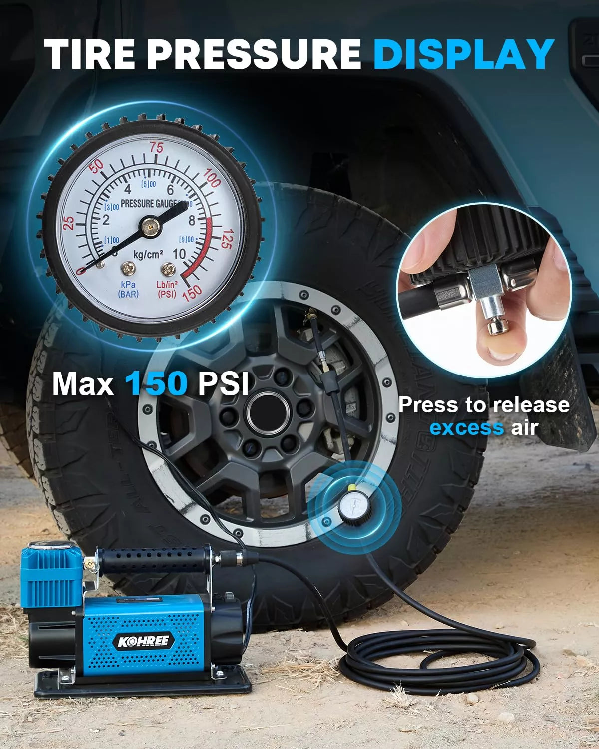 Tire pressure display with pump and tire 