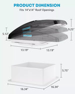 Dimensional diagram of Kohree RV vent fan fitting 14x14 inch roof openings. 