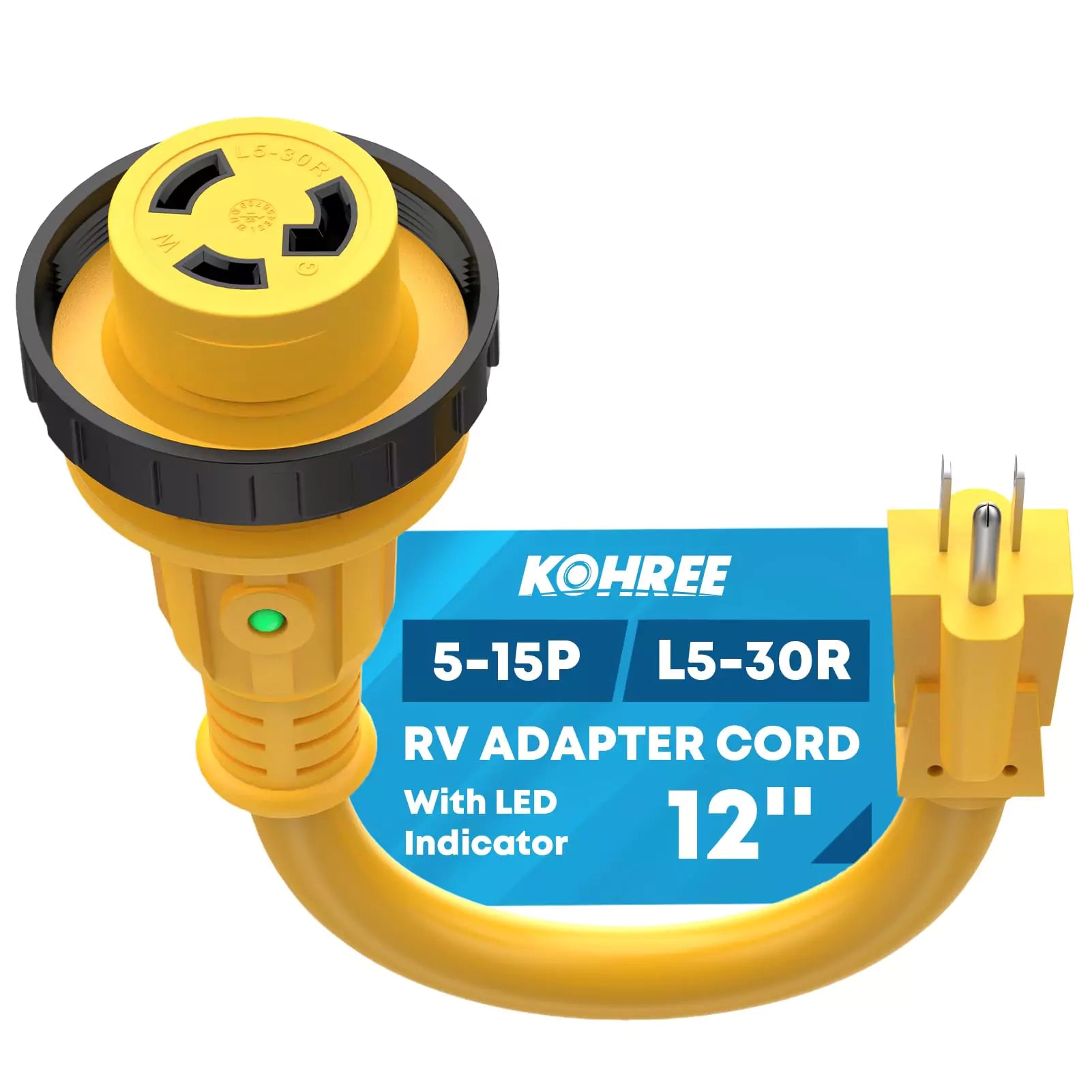 Kohree 5-15p to l5-30r rv adapter cord with led indicator 12 inch