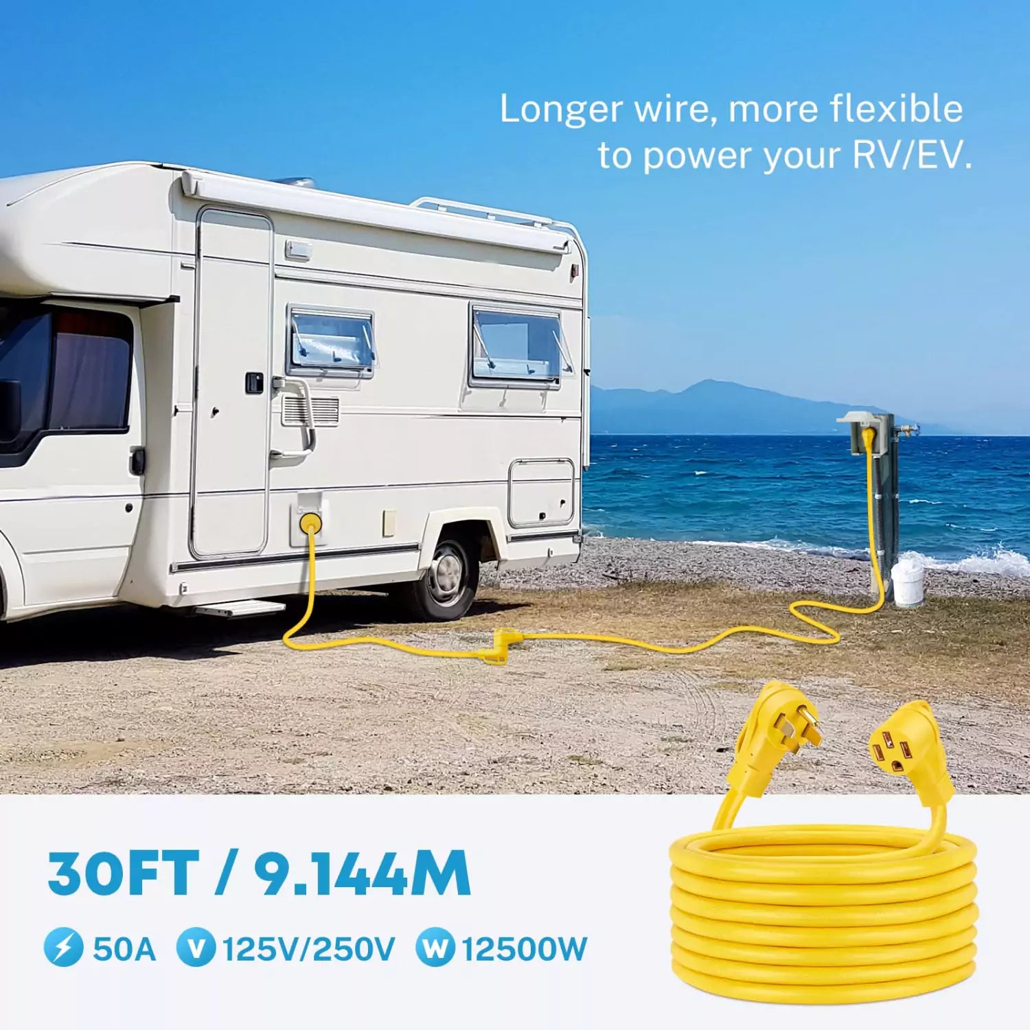 30 ft 50 amp long RV extension cord to power your RV/EV