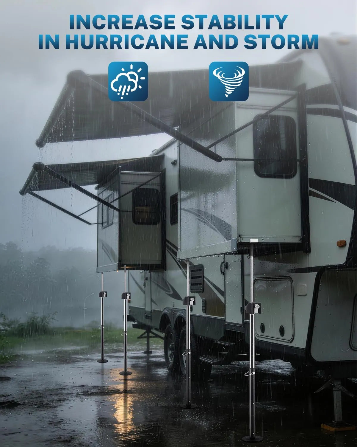 RV slide out support jacks increase stability in hurricane and storm