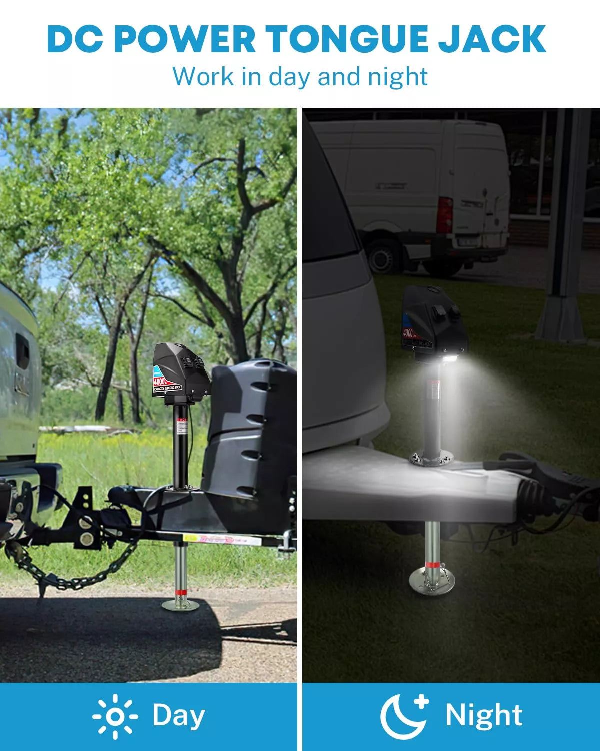 DC power tongue jack with day and night usage scenarios on a trailer.