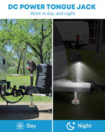 DC power tongue jack with day and night usage scenarios on a trailer.