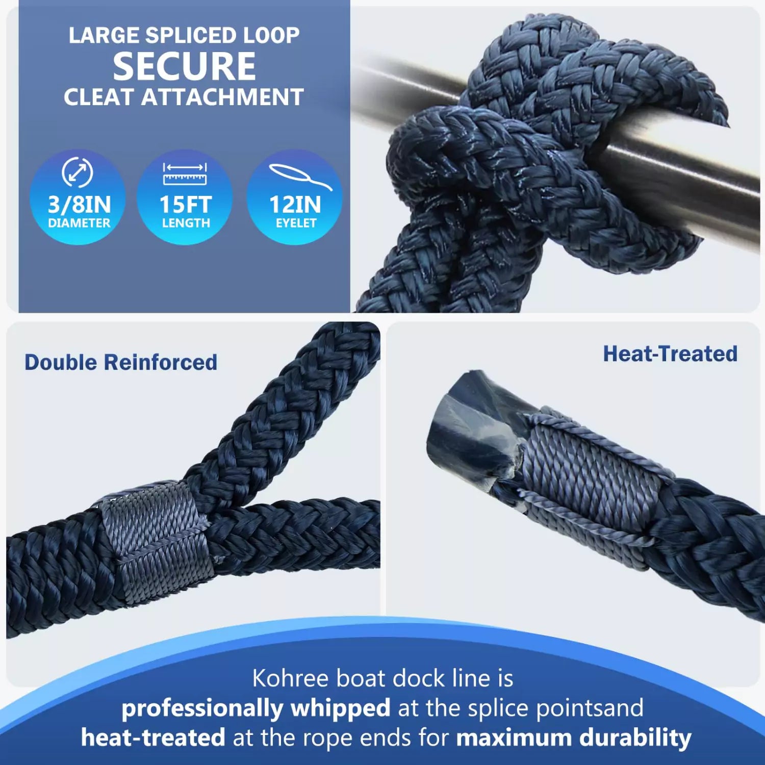 Large spliced loop secure cleat attachment ship rope