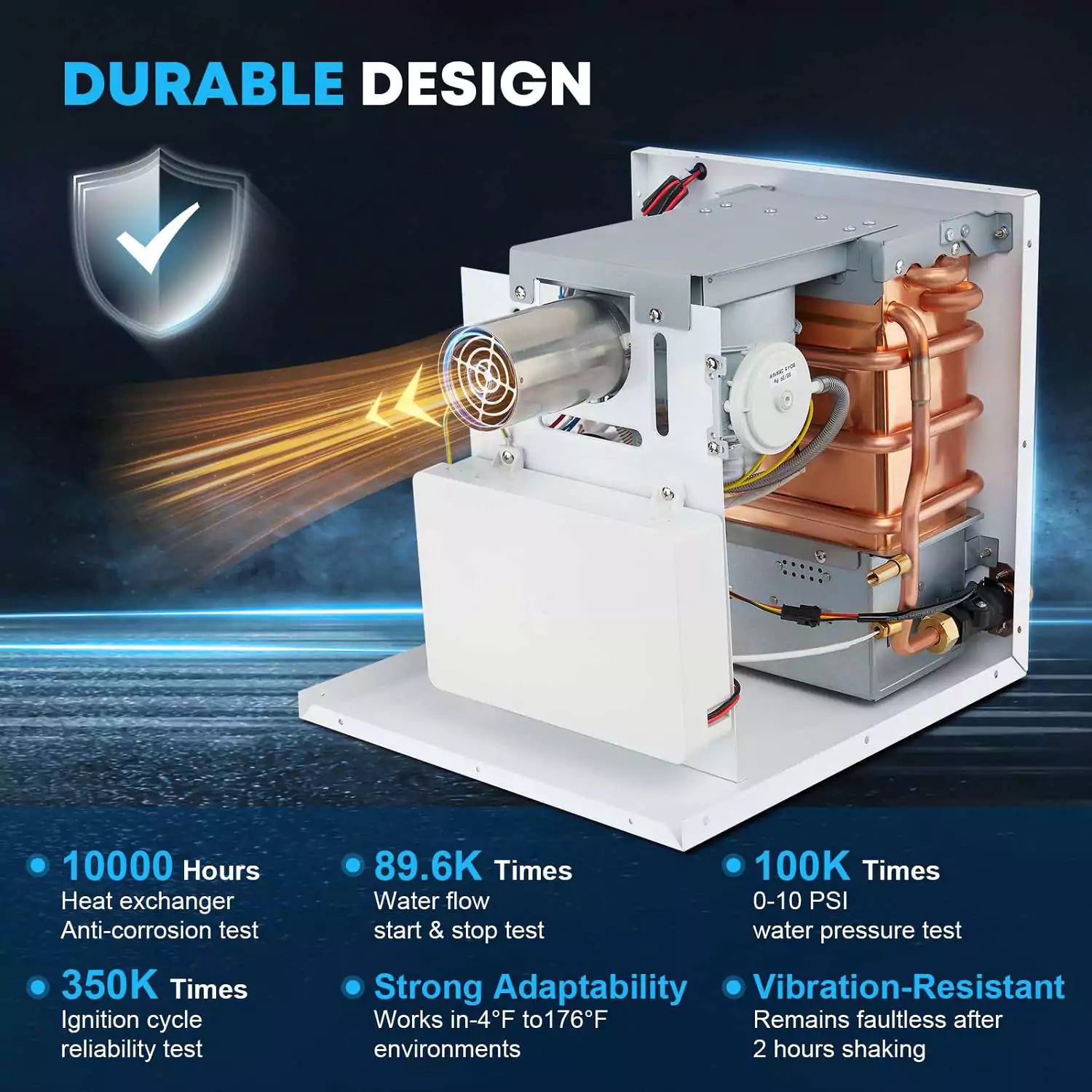 Durable design tankless hot water heater for RV