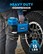 Kohree heavy-duty compressor being held next to a tire with measurements and weight information. 