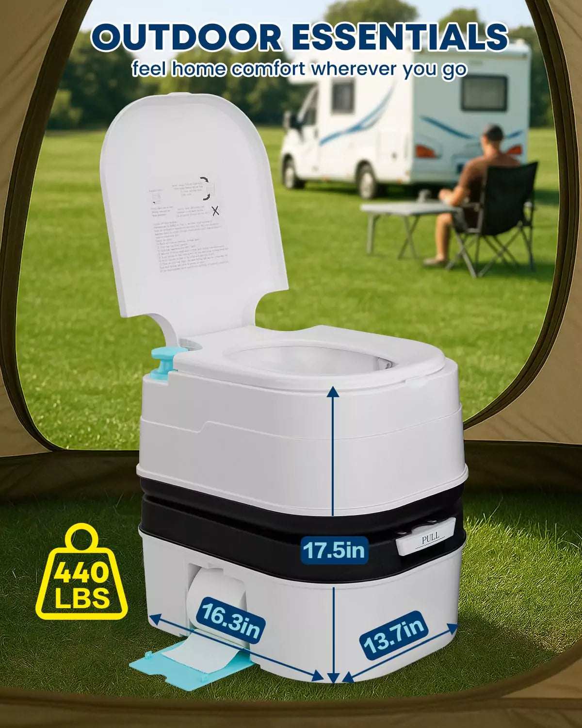 Up to 440 lbs capacity portable camping toilet
