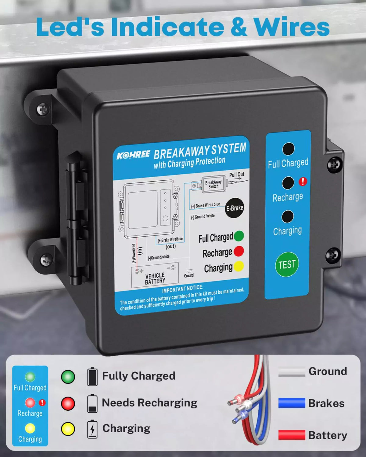 Trailer breakaway switch led's indicate and wires