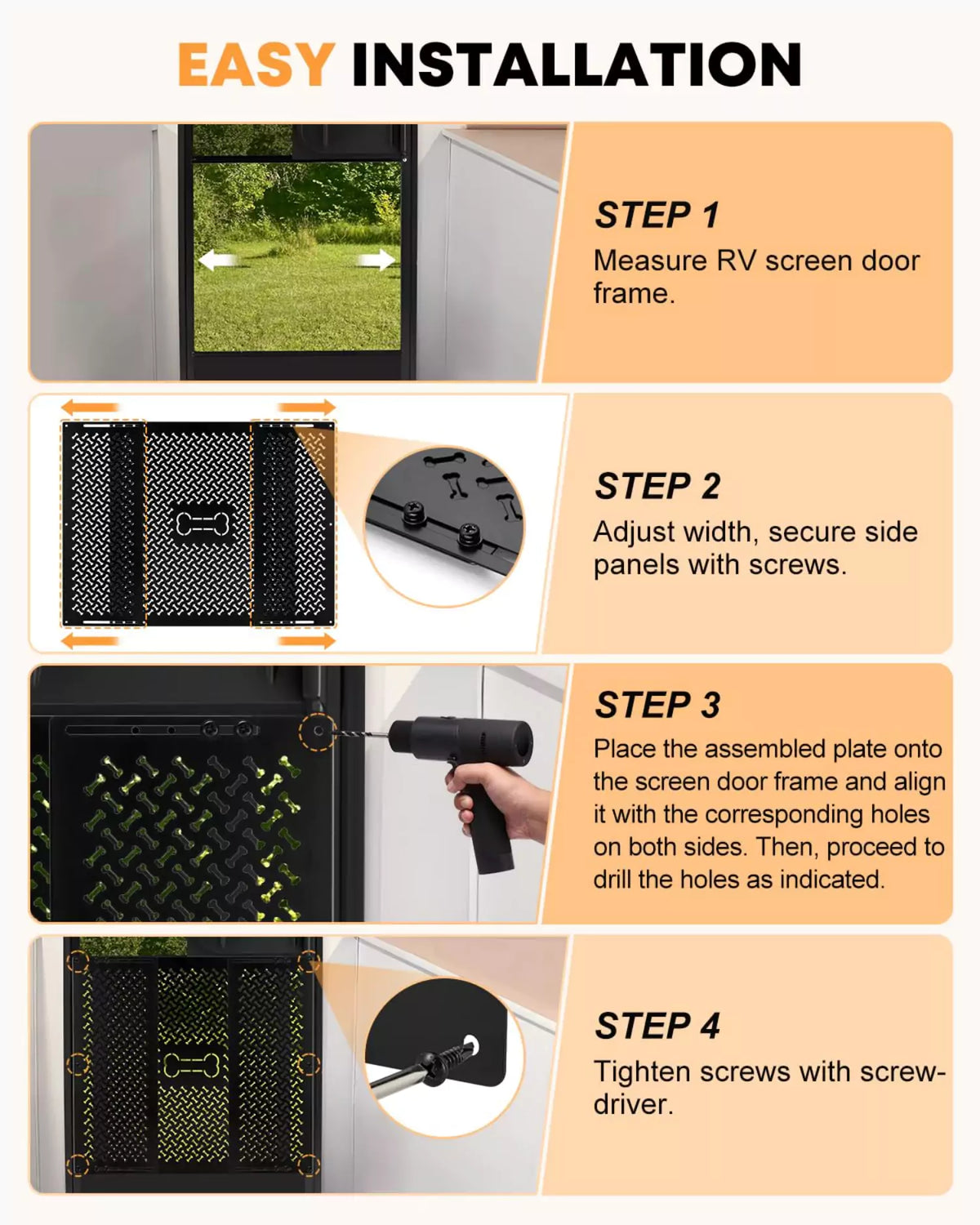 Easy installation travel trailer screen door protector