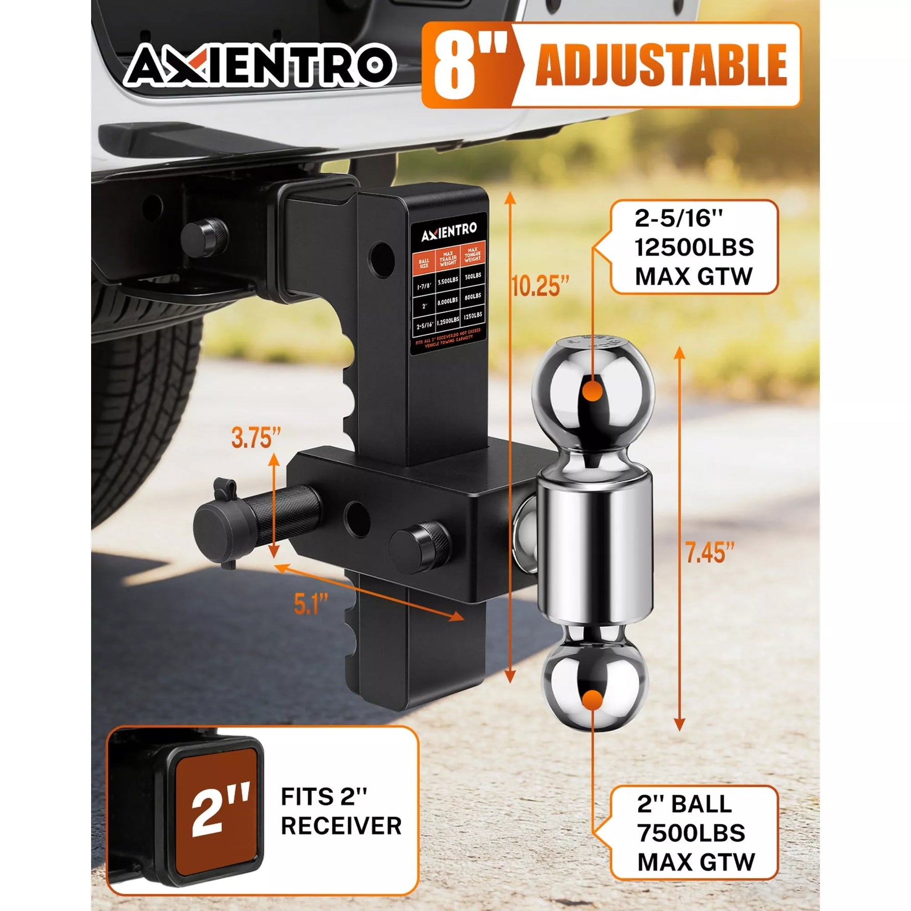Axientro trailer hitch with adjustable ball and receiver dimensions 
