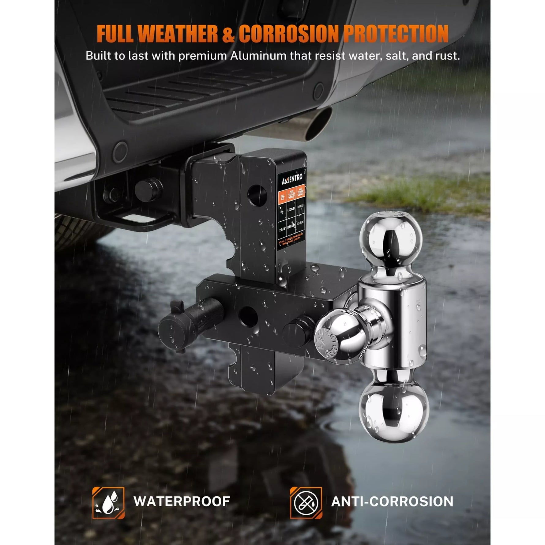 Tow hitch with ball and trailer attachment on a vehicle, emphasizing full weather and corrosion protection. 
