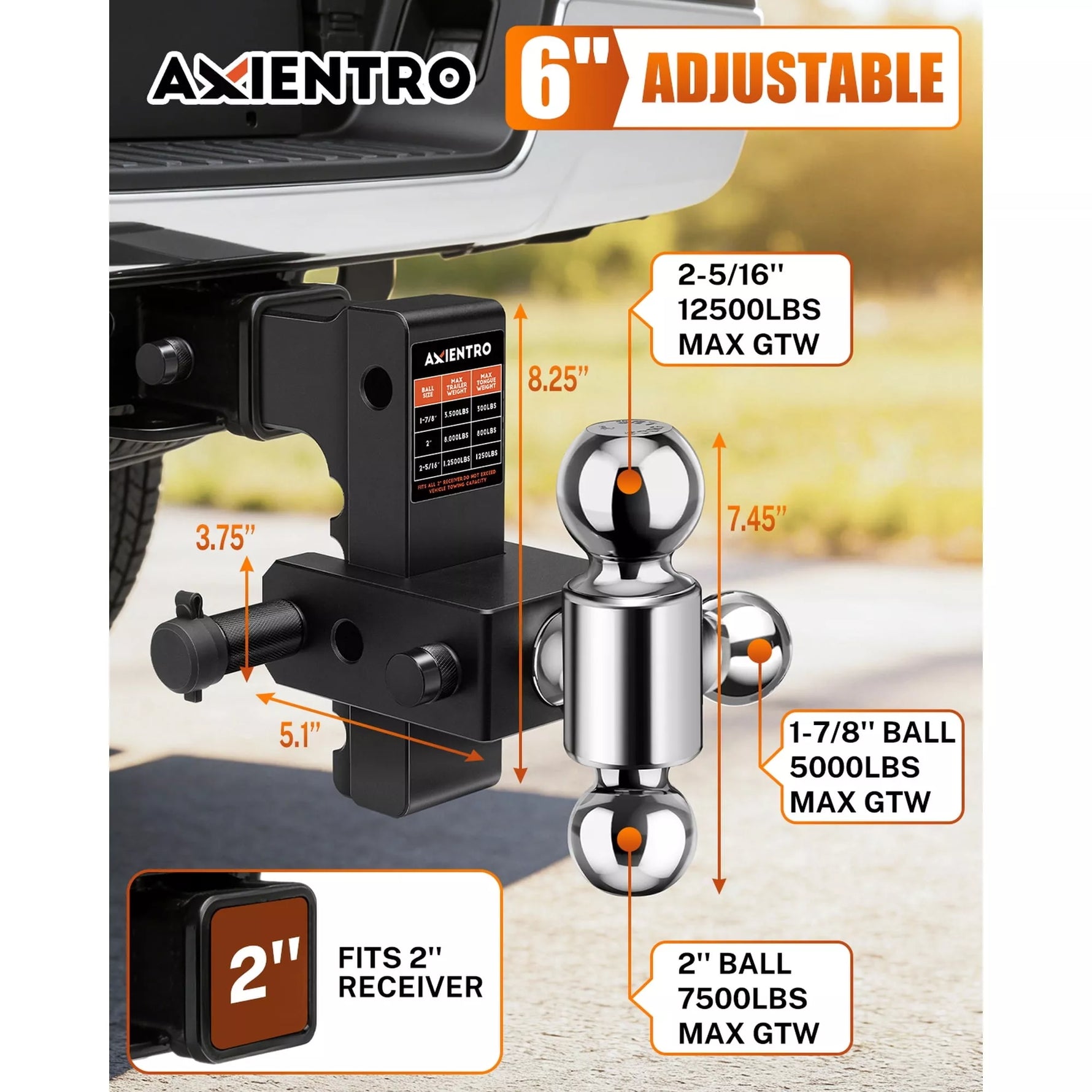 Axientro 6 inch trailer hitch with adjustable ball and measurements 