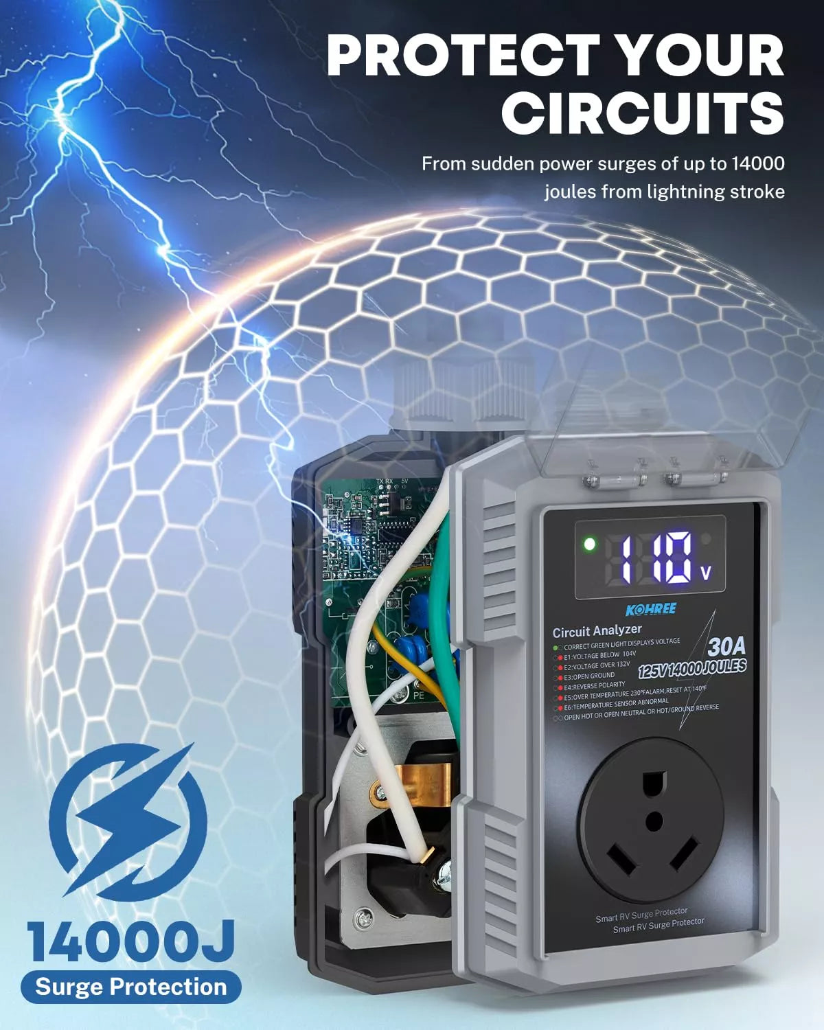 Surge protector 30 amp with lightning illustration about protecting circuits from power surges.