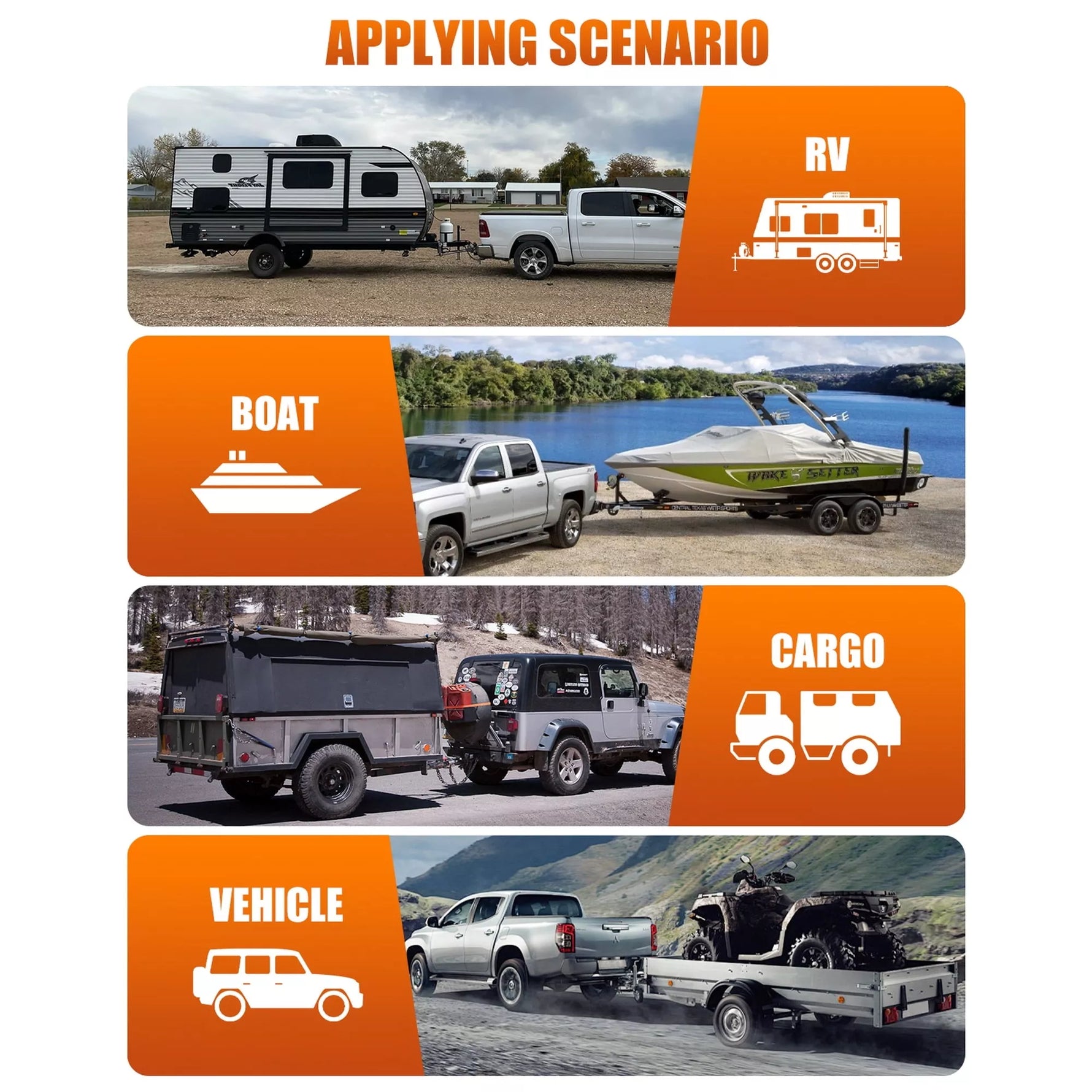 Illustrations of various scenarios using a truck with towing capabilities, including RV, boat, cargo, and vehicle towing. 
