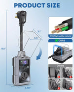 Measurement chart of a 30 amp power surge protector with specifications and quality material comparison.