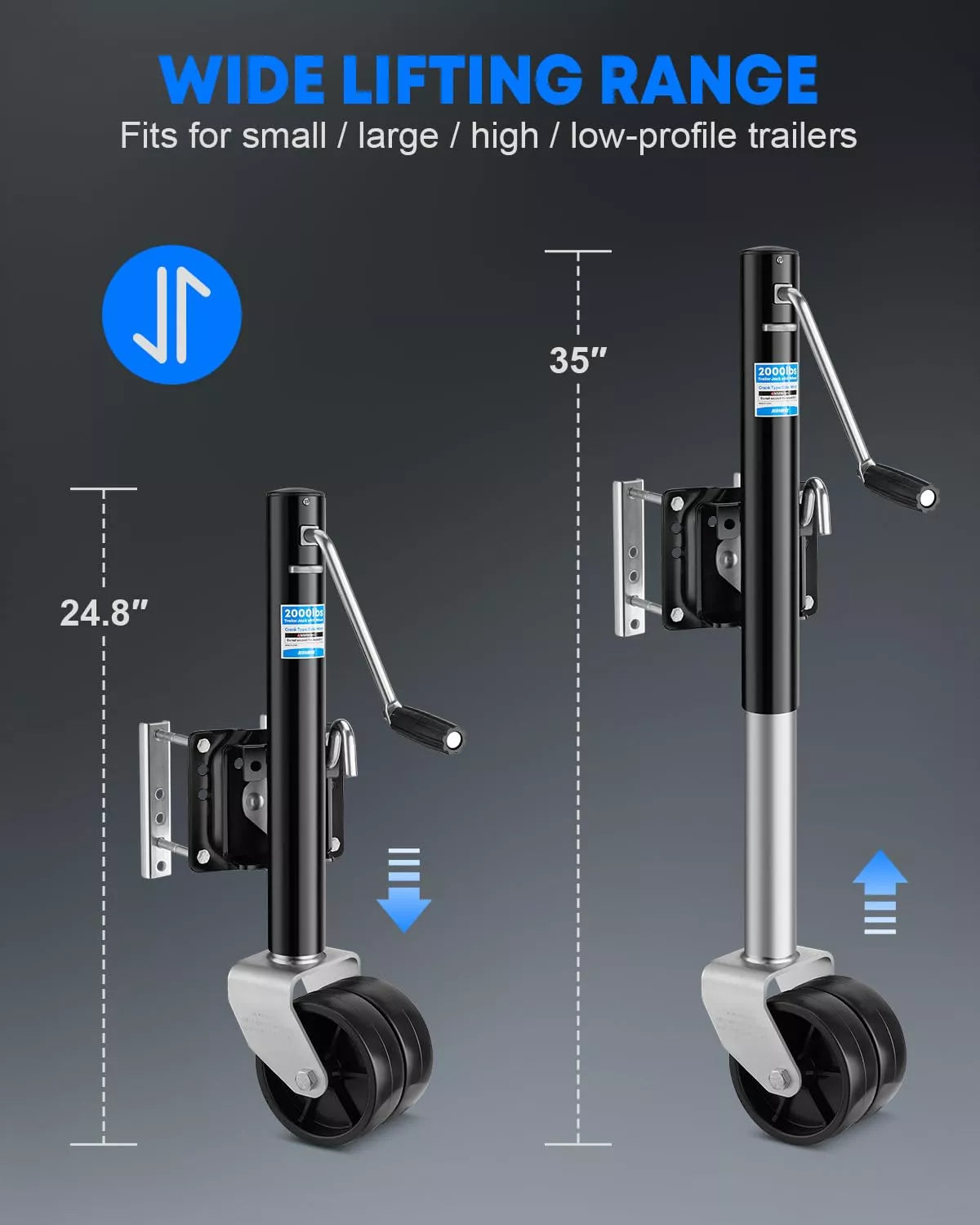 Wide lifting range for kohree boat trailer jack wheel