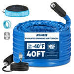 Heated RV water hose with built-in thermostat that controls heating based on temperature. 