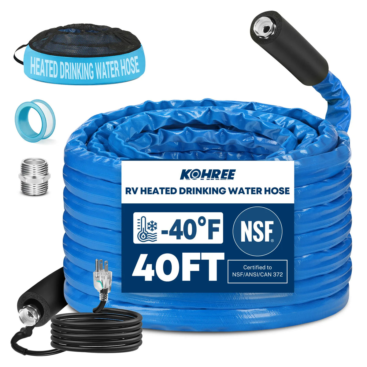 Heated RV water hose with built-in thermostat that controls heating based on temperature. 