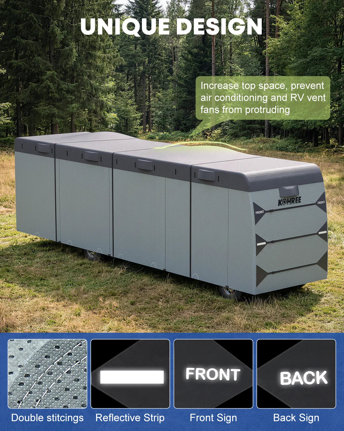 Class A RV cover with 10 enlarged vents to promote airflow beneath the cover