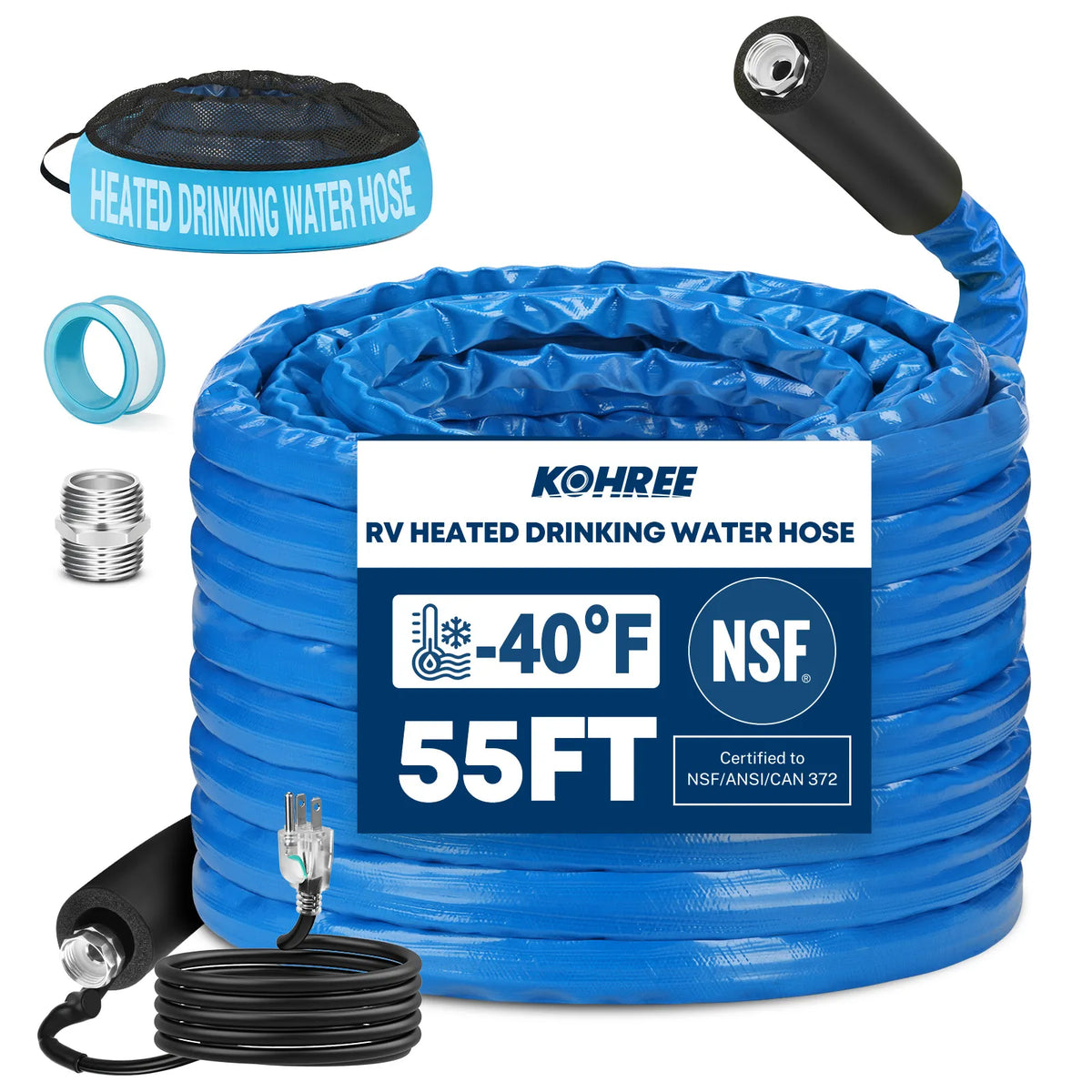 Collapsible heated RV water hose folds for compact storage in RV basement compartments and utility bays. 