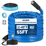 Collapsible heated RV water hose folds for compact storage in RV basement compartments and utility bays. 
