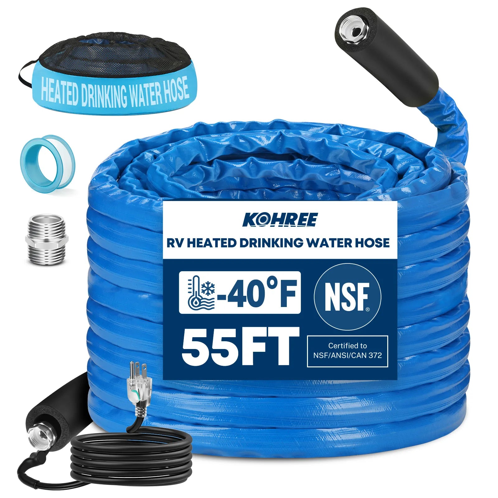 Collapsible heated RV water hose folds for compact storage in RV basement compartments and utility bays. 