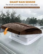 Roof-mounted rv roof vent fan with smart rain sensor with raindrops on a car roof during rainy weather.