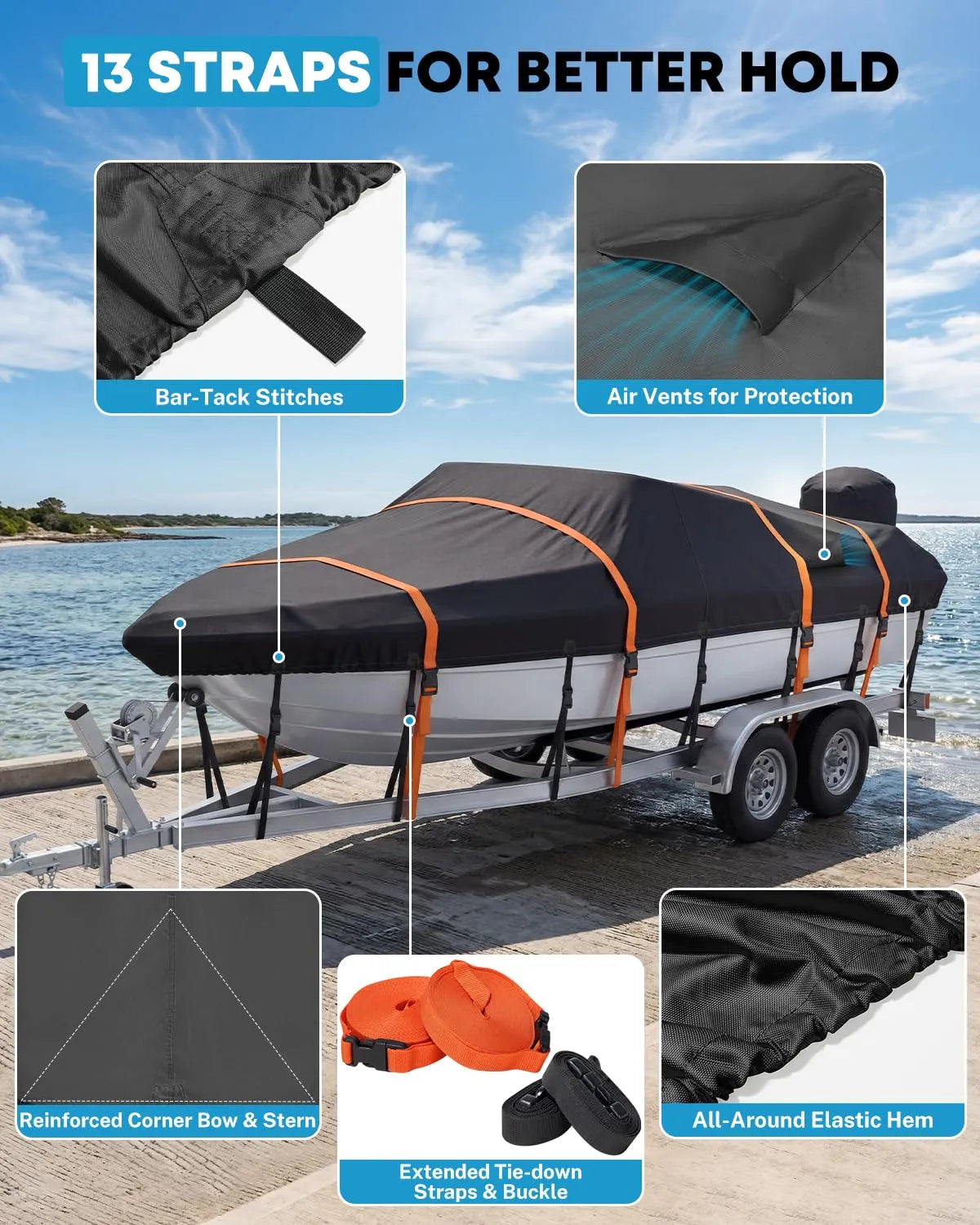Trailerable boat cover with two air vents to help release trapped heat and moisture.