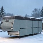 Fifth wheel RV cover helps protect the RV exterior from dust during storage