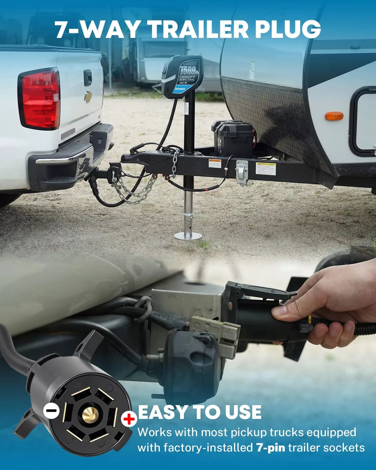 7-way trailer plug system with truck and RV connection, highlighting ease of use. 