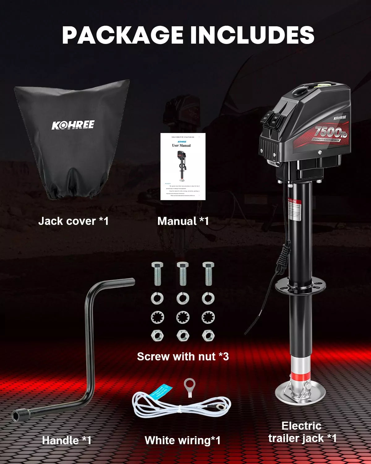 Kohree electric trailer jack package with jack cover, manual, screws, handle, wiring, and electric jack 