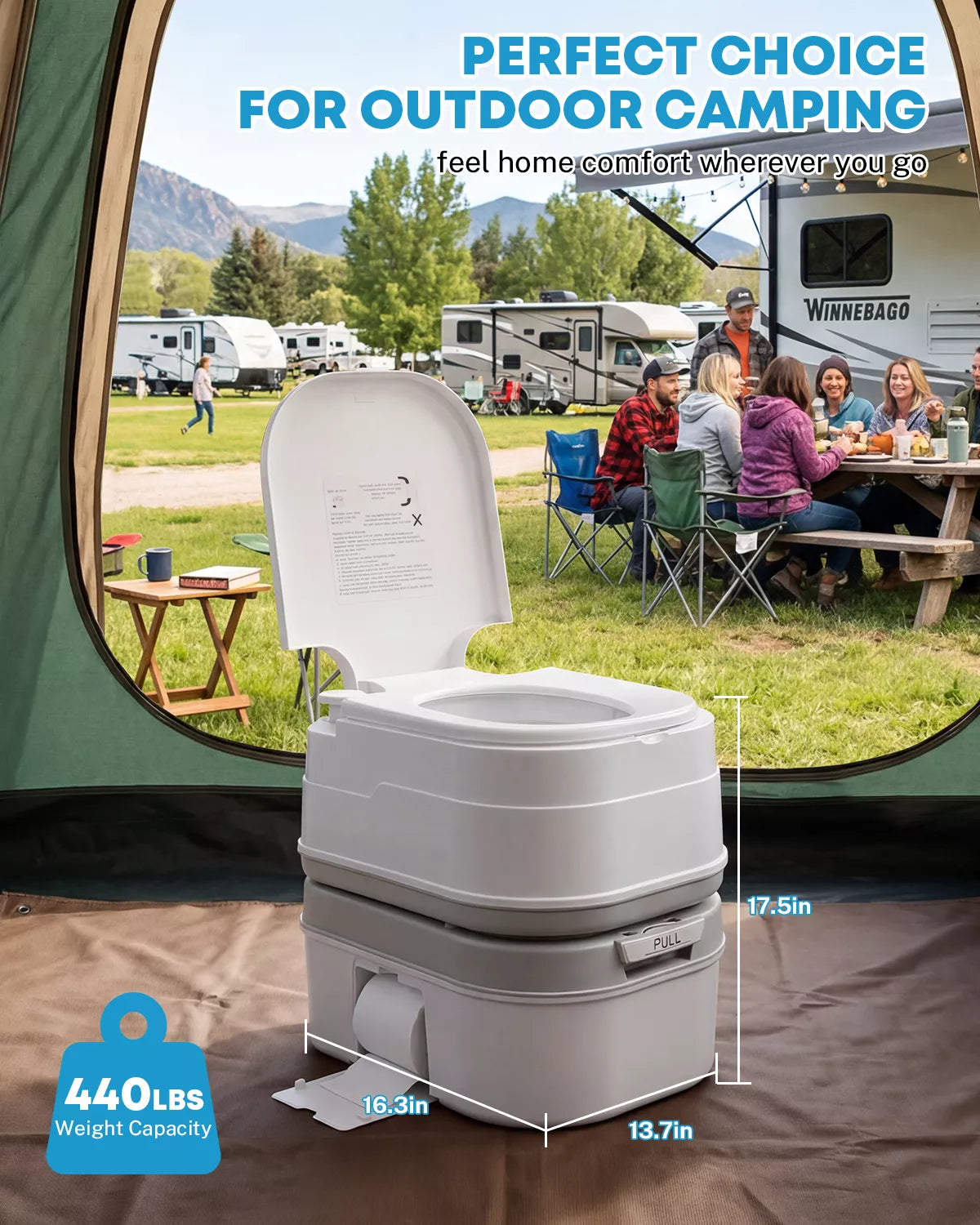Portable camping toilet with camping scene