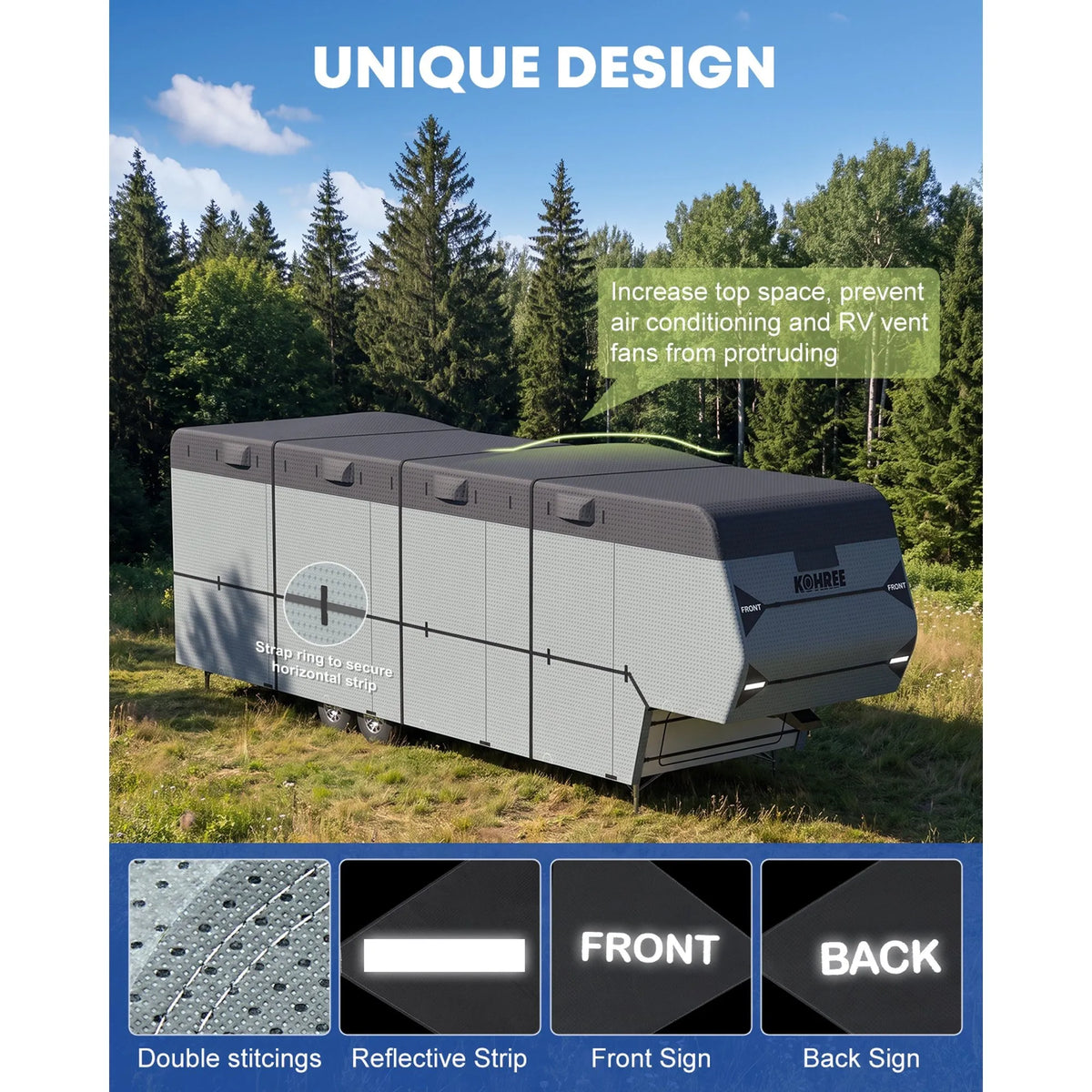 Eight bottom buckle straps help secure the fifth wheel RV cover