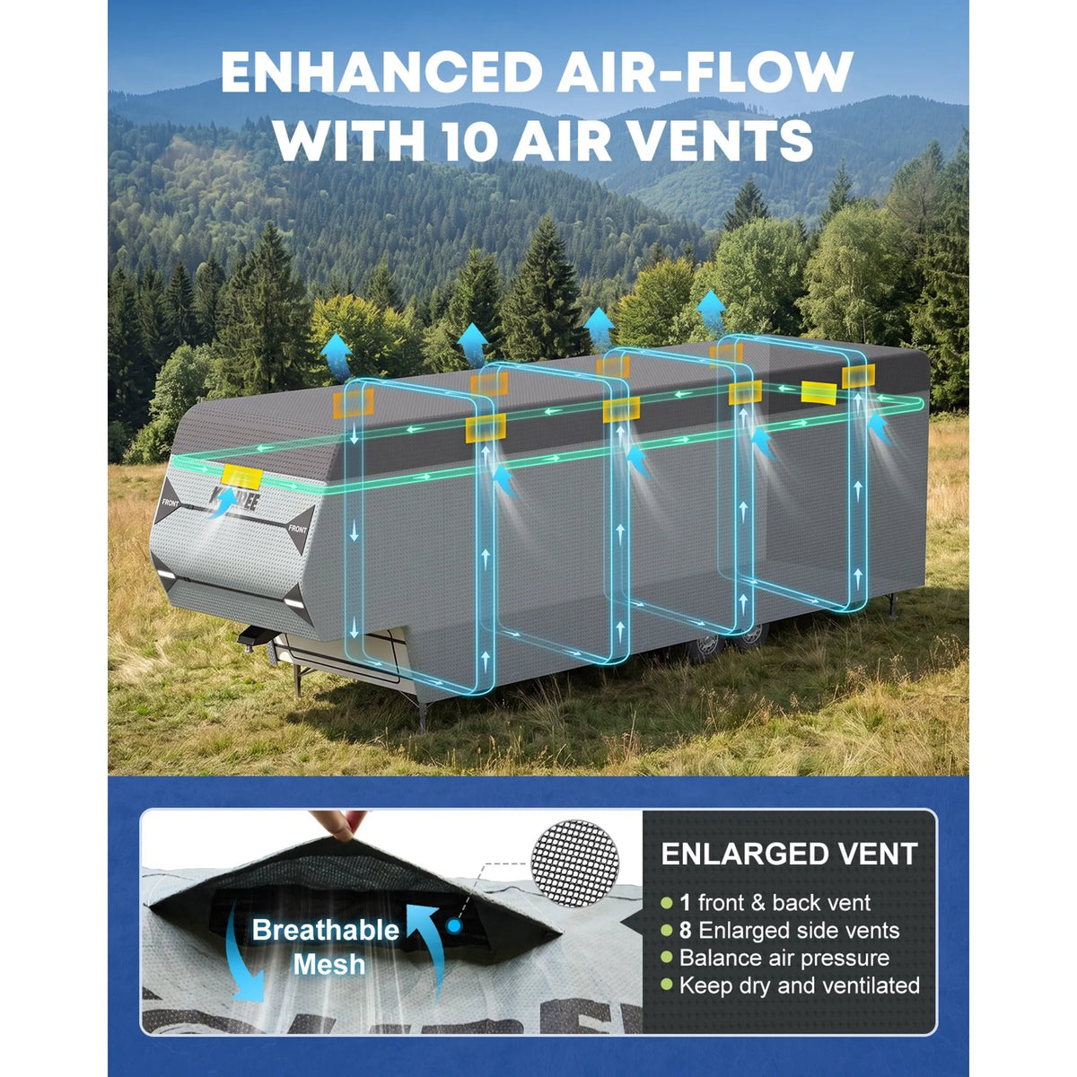 Eight side vents on the fifth wheel RV cover help air circulate during storage