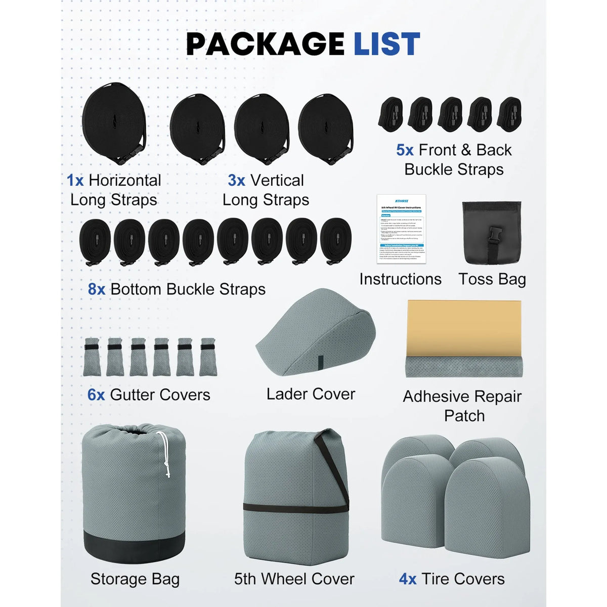 Storage bag and adhesive repair patch included with the fifth wheel RV cover