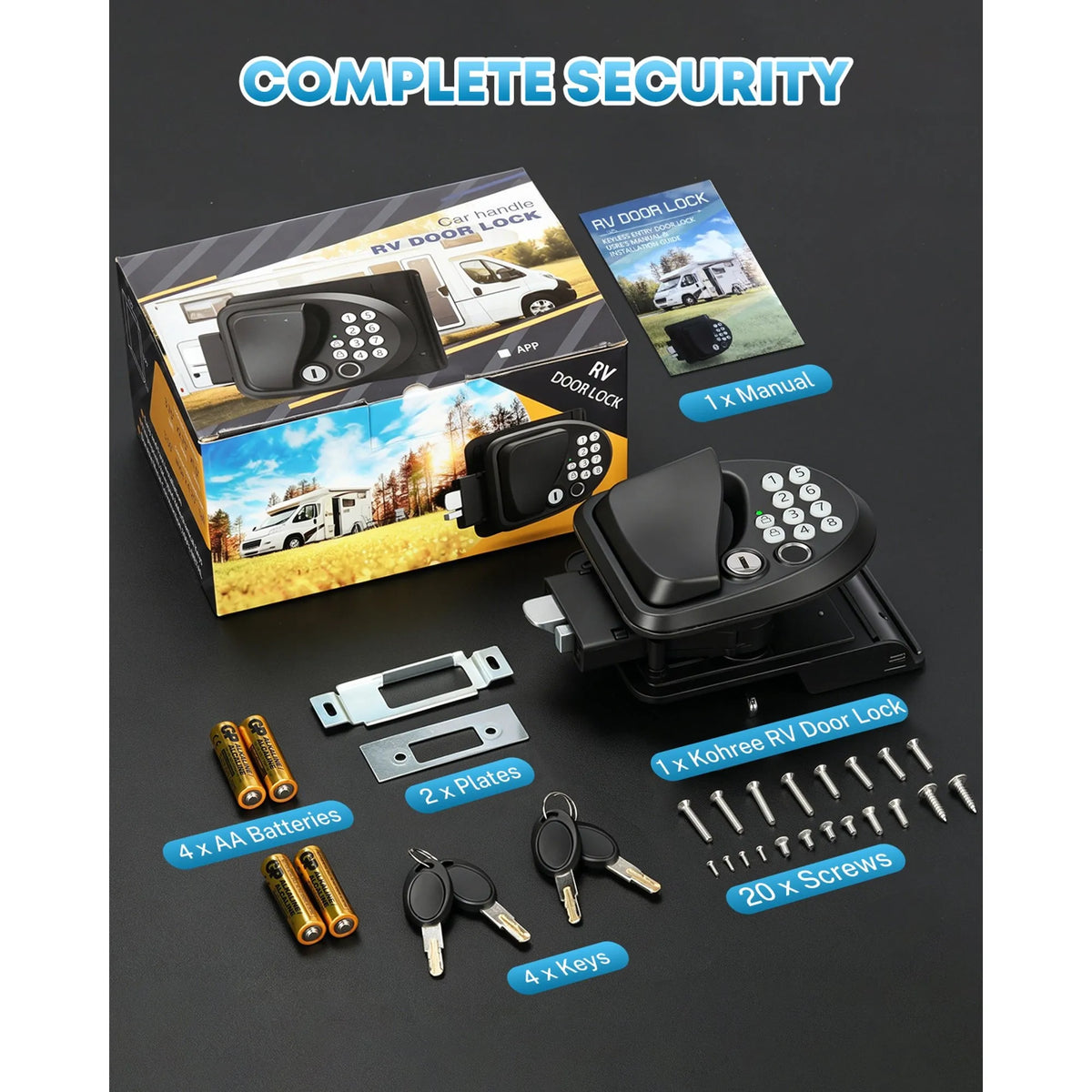 RV door lock security kit with the main black electronic lock, retail box, keys, batteries, mounting hardware, and instruction 