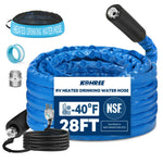 Flexible insulated heated RV water hose designed for winter camping, homes, farms, and outdoor water connections. 