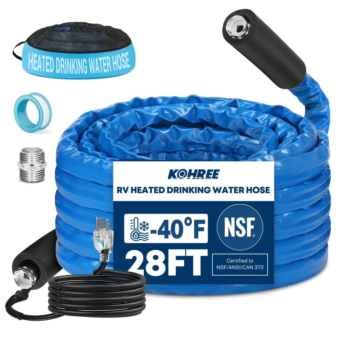 Flexible insulated heated RV water hose designed for winter camping, homes, farms, and outdoor water connections. 
