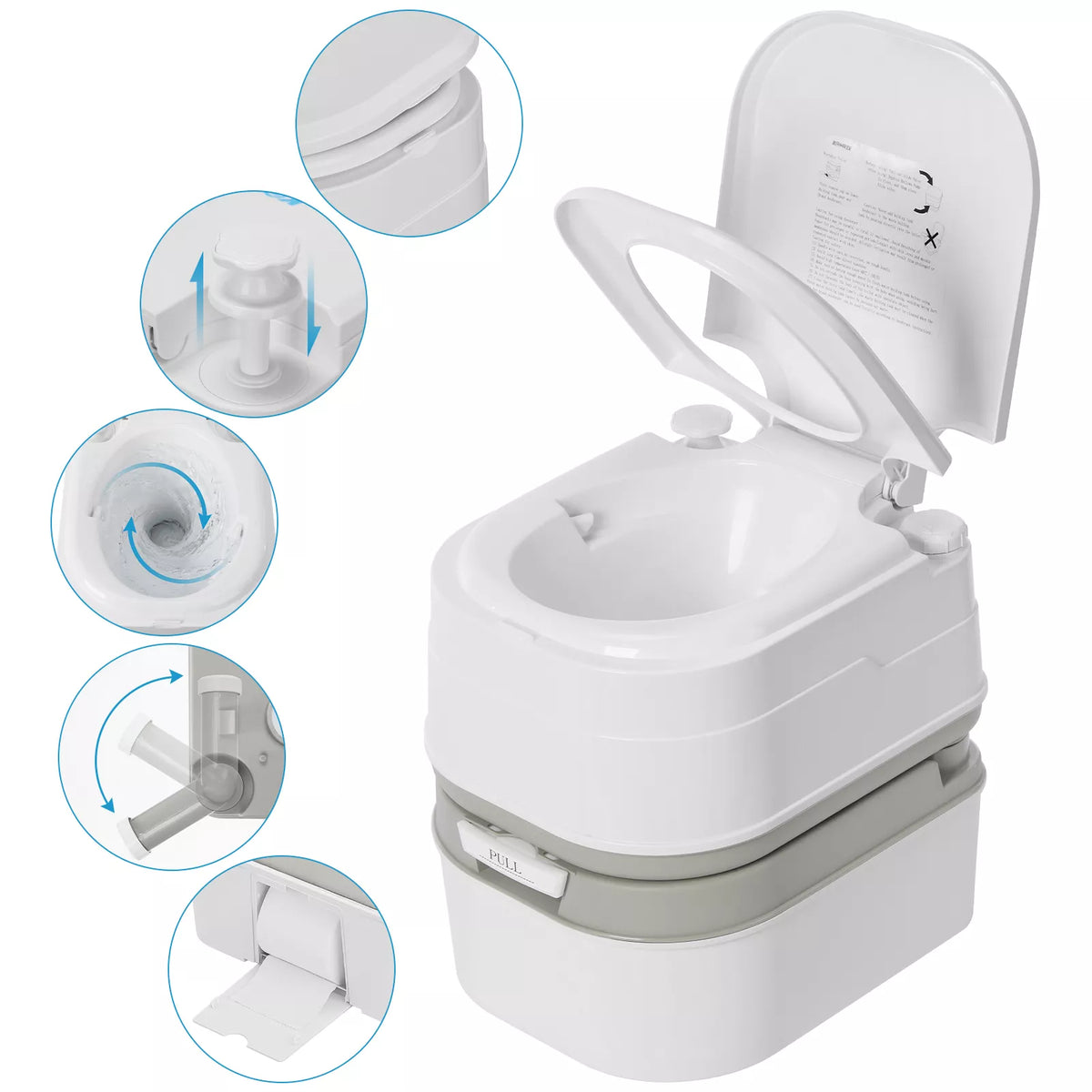 Portable toilet with open lid and detailed illustrations