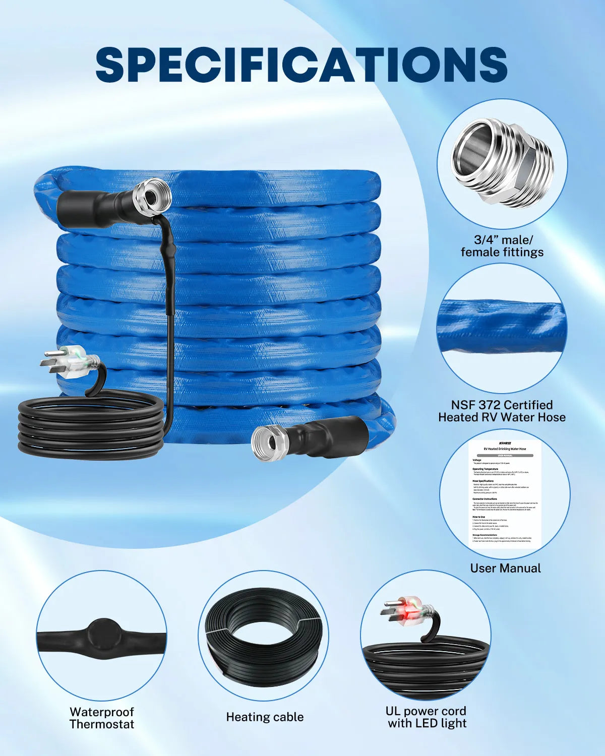 Insulated heated RV water hose provides freeze protection down to -40°F under intended operating conditions. 