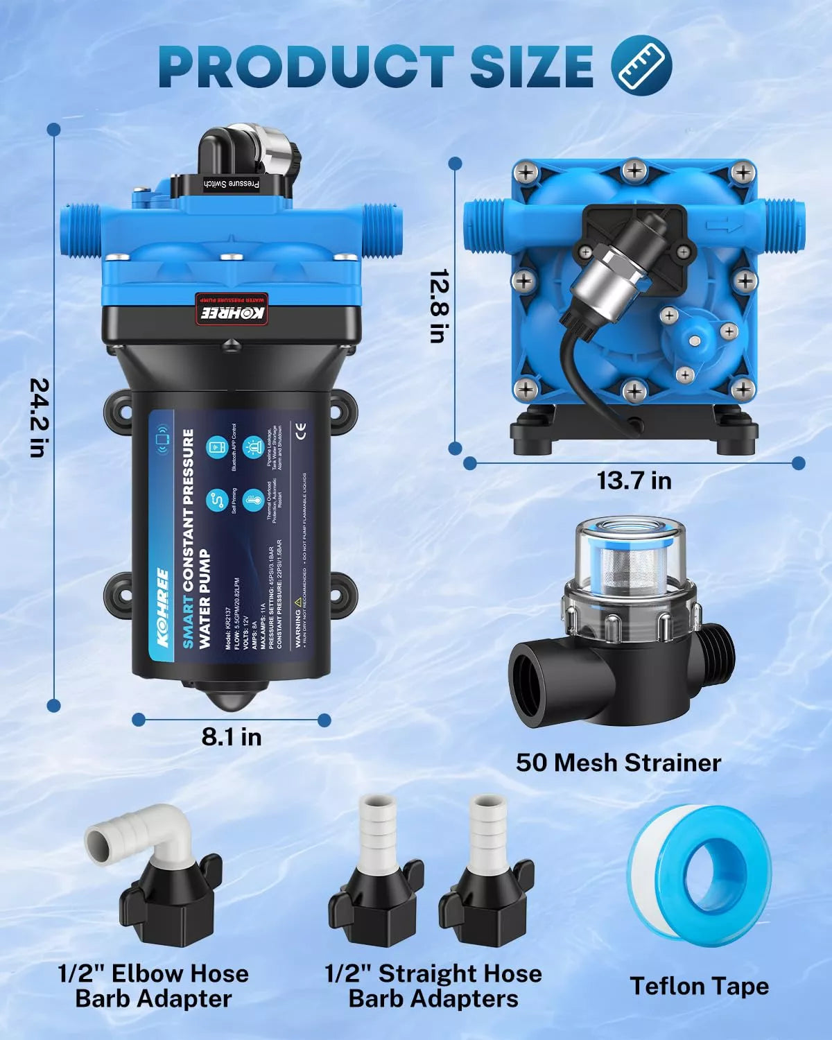 Blue Kohree 5.5 gpm water pump with accessories and dimensions