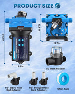 Blue Kohree 5.5 gpm water pump with accessories and dimensions