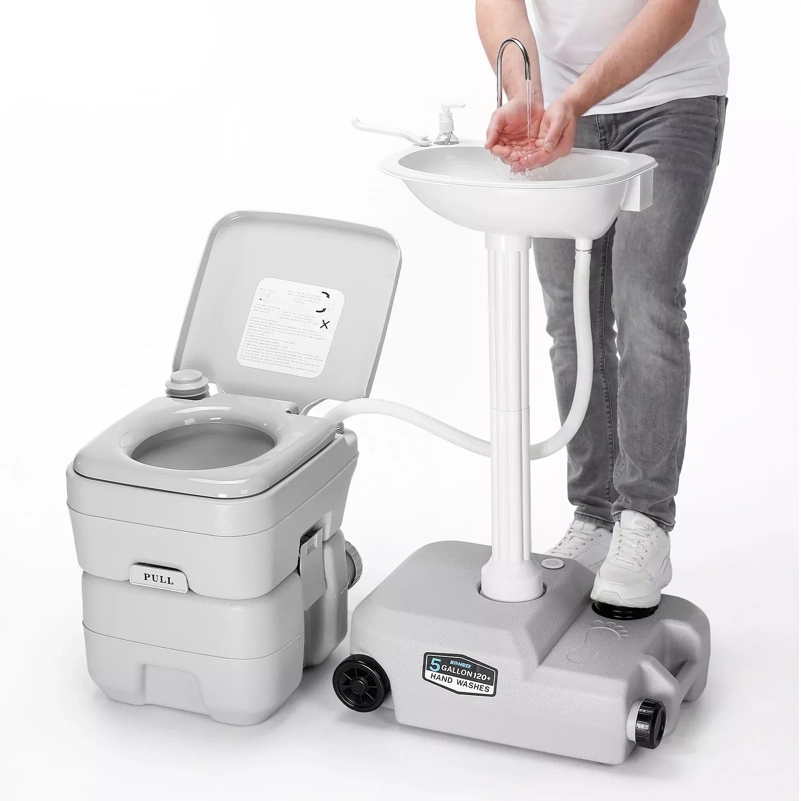 Portable toilet and sink unit with a person washing hands
