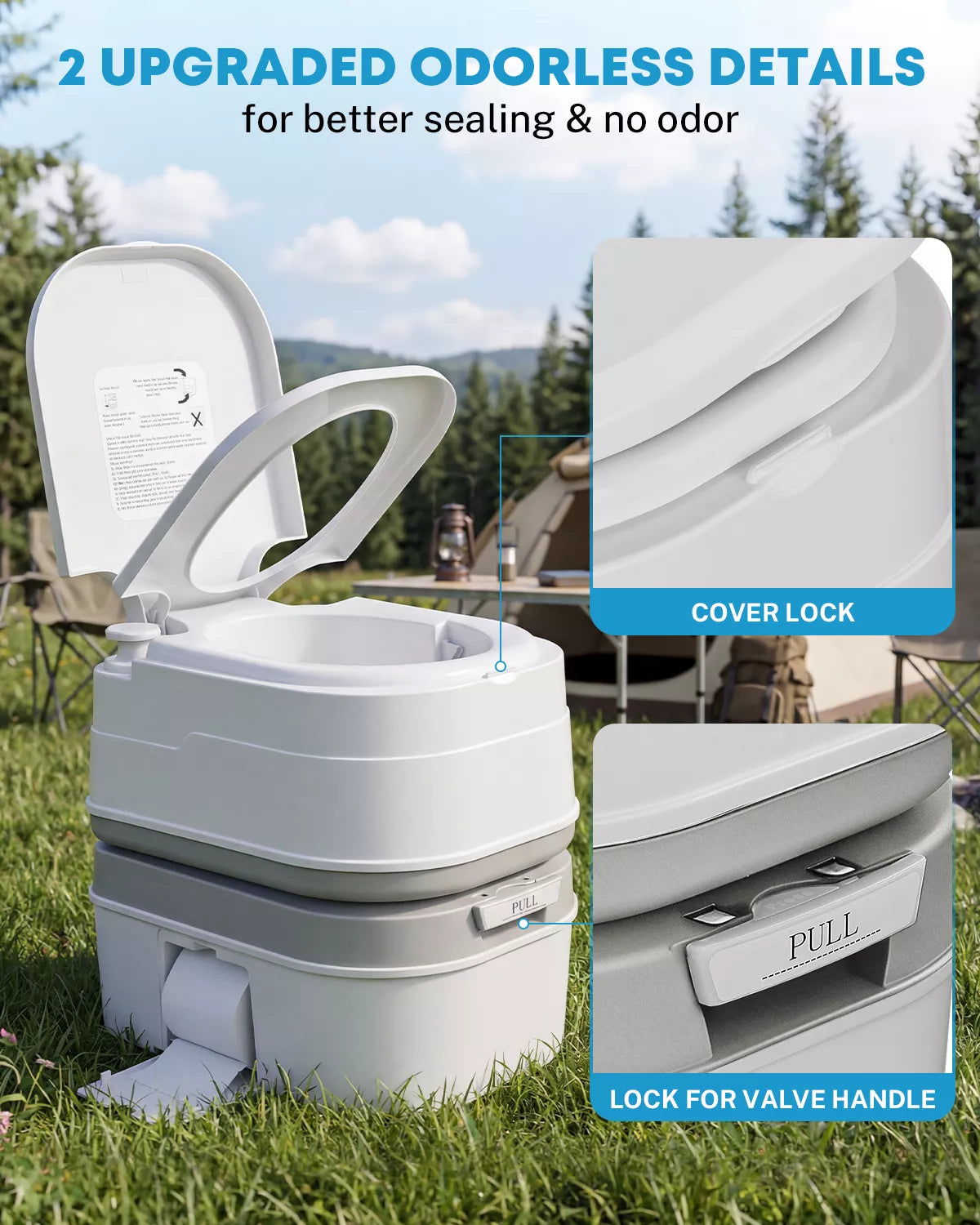 Portable toilet with upgraded odorless features in an outdoor setting