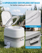 Portable toilet with upgraded odorless features in an outdoor setting