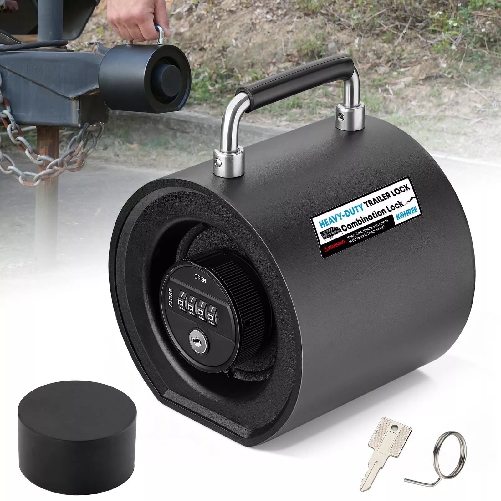 Black trailer lock with keys and cover