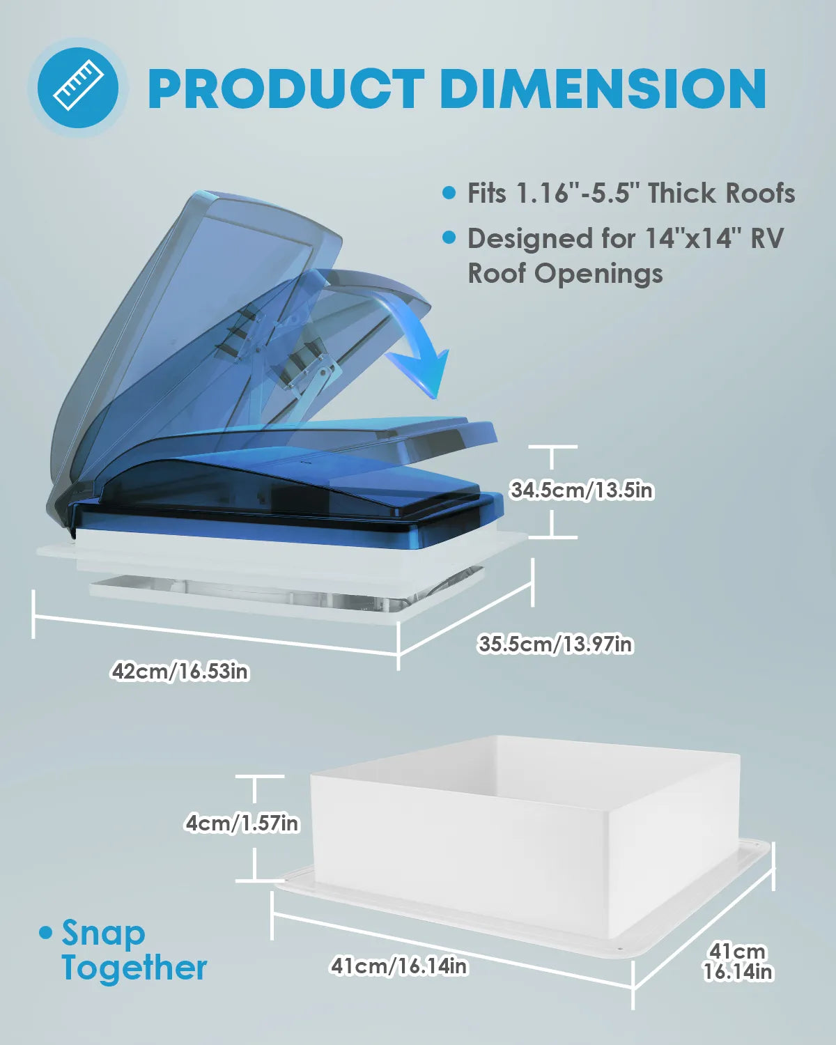 High-performance blue manual RV exhaust fan for quiet, efficient ventilation in campers and RVs.